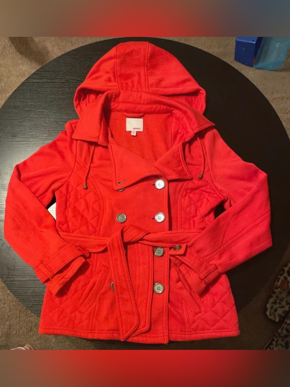 BONGO Red Quilted Hooded Pea Coat with Belt